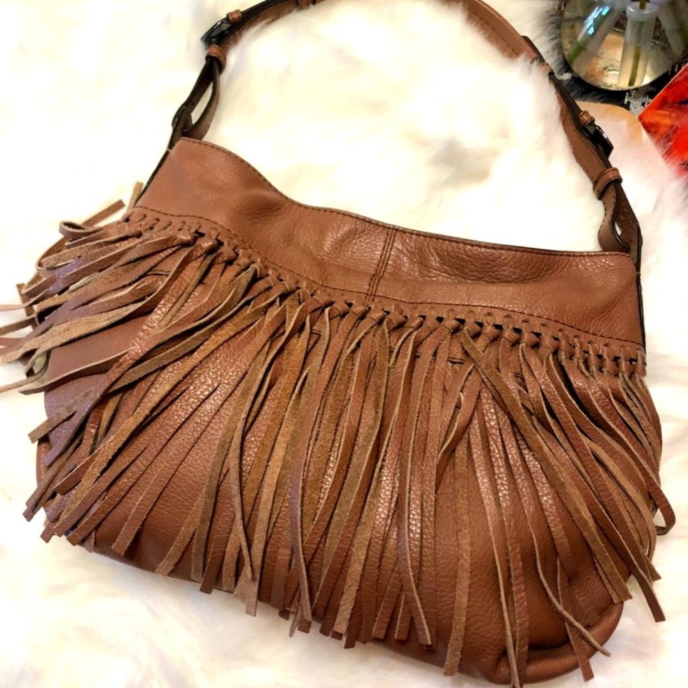 Women orYANY Leather Fringe Bag leather  sz medium taupe color